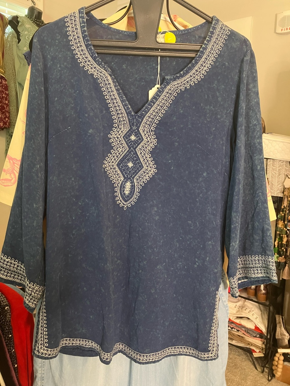 Women's Embroidered Split-Neck Tunic in Navy